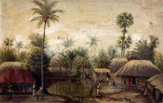 English School c.1900 An African village, 12 x 18.5in., unframed